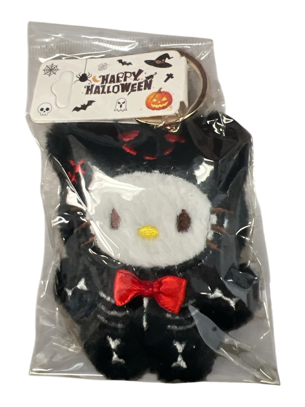 Hello Kitty Happy Halloween Black Plush Cat Costume Keychain with Red Bow